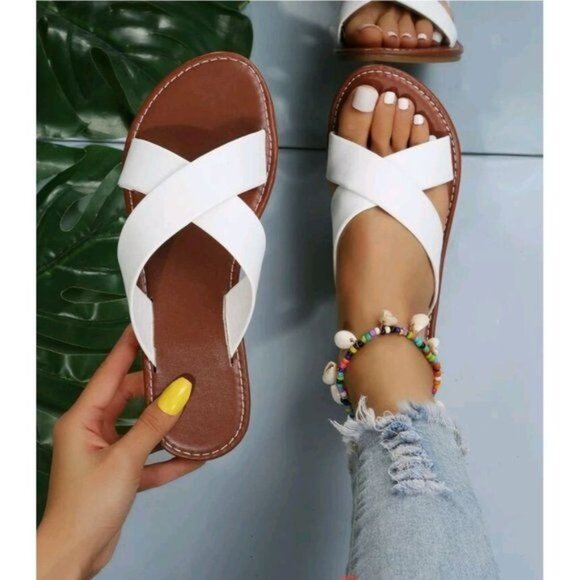 West Loop Elegant White Slide Sandals For Women, Minimalist Cross Strap … - Picture 3 of 8